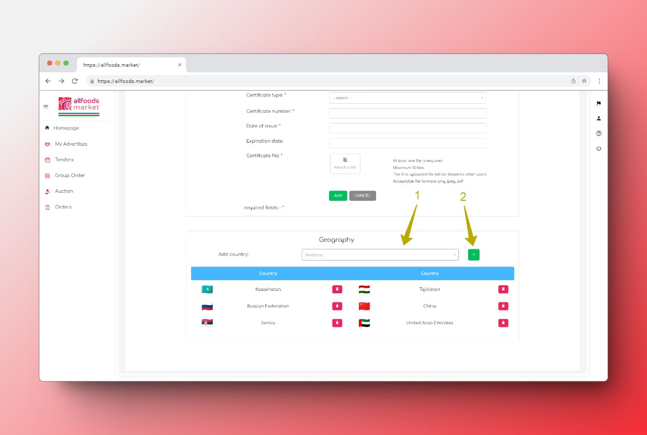 Adding the company's trading countries to allfoods market