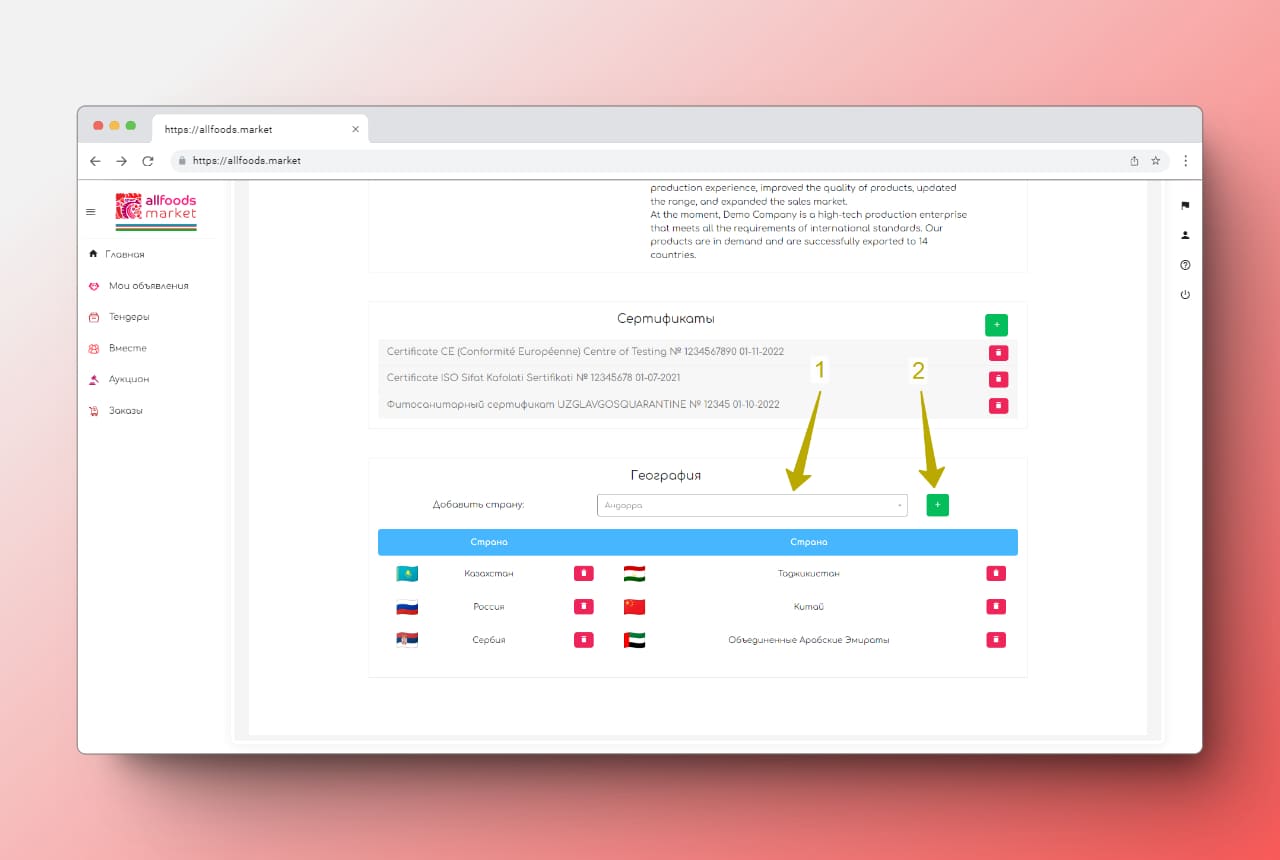 добавление стран торговли компании на allfoods market
