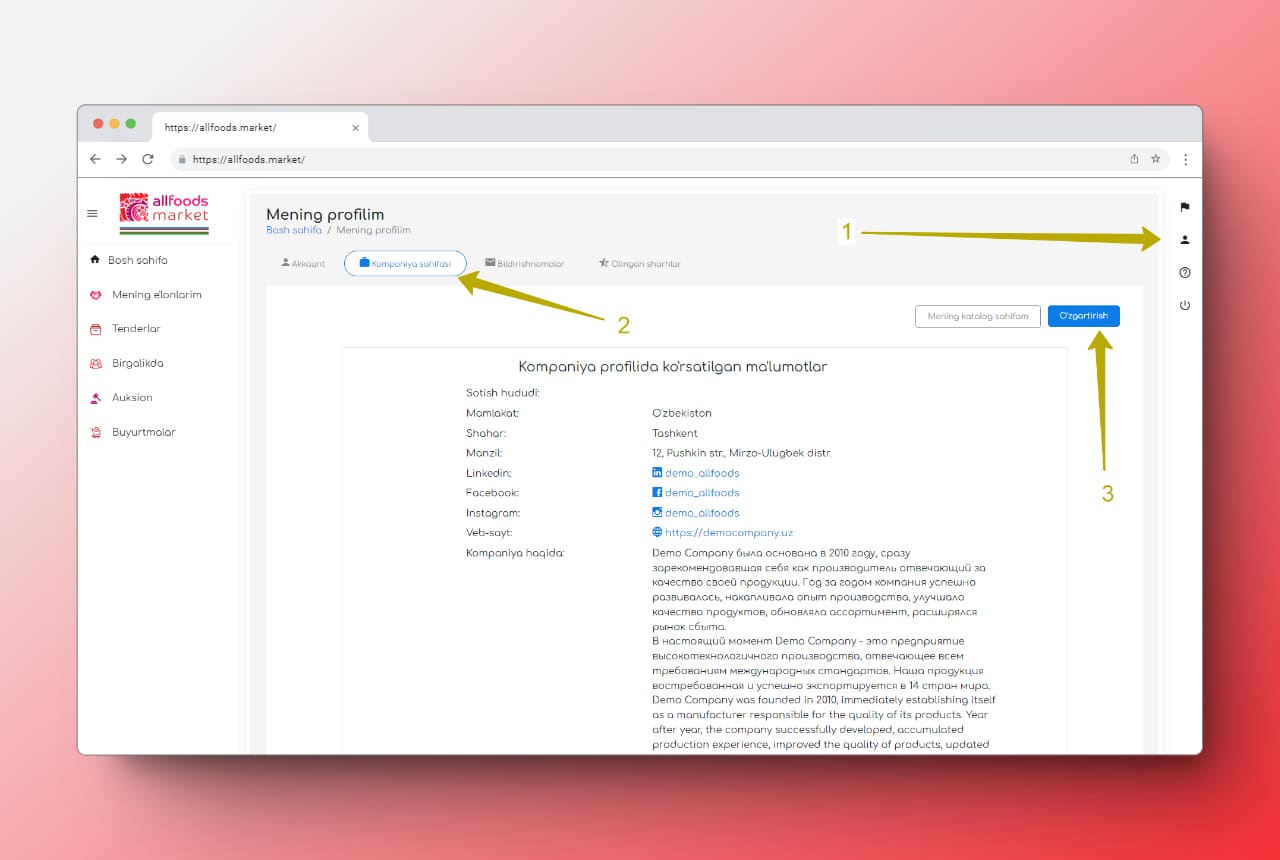 Shaxsiy hisobingizdagi barcha oziq-ovqatlar bozoridagi kompaniya sahifasi