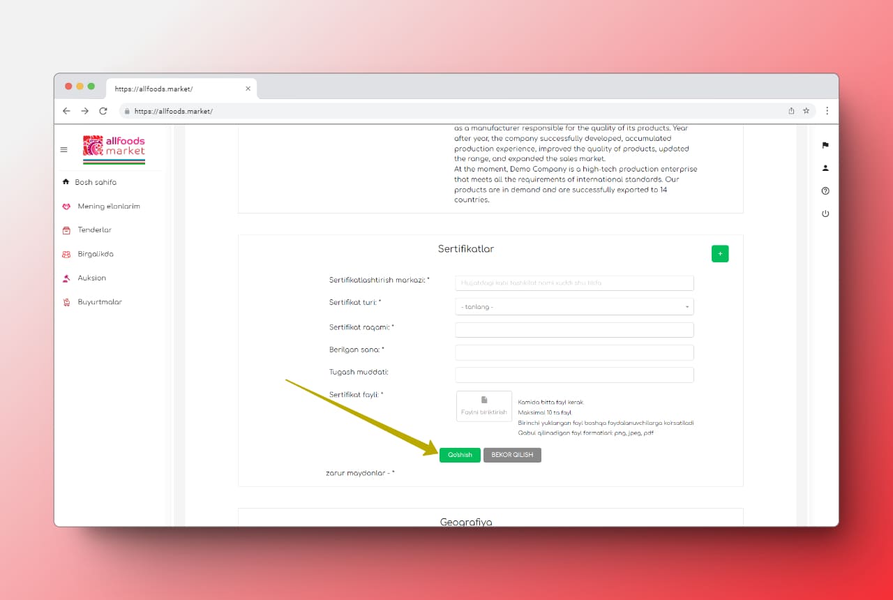 allfoods bozorida kompaniya sertifikatlari haqida ma'lumotni to'ldirish