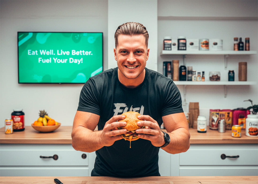 Fitness blogger in a kitchen studio holding a burger in front of the camera