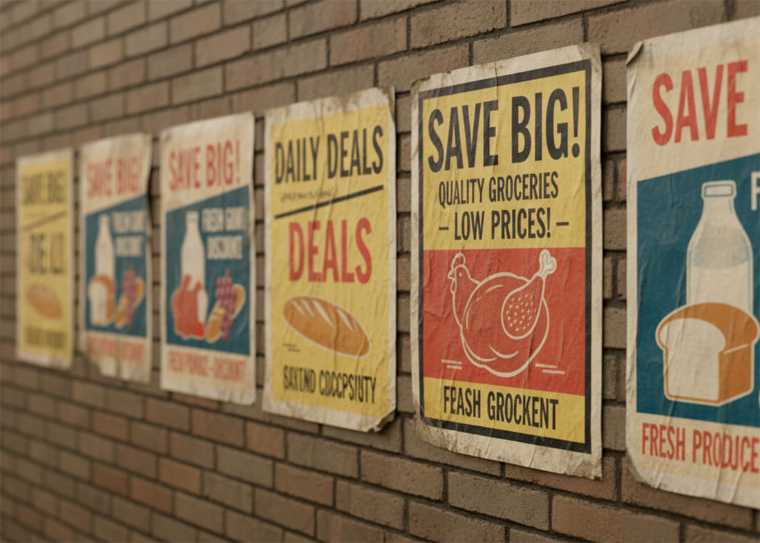 Vintage grocery store posters on a brick wall
