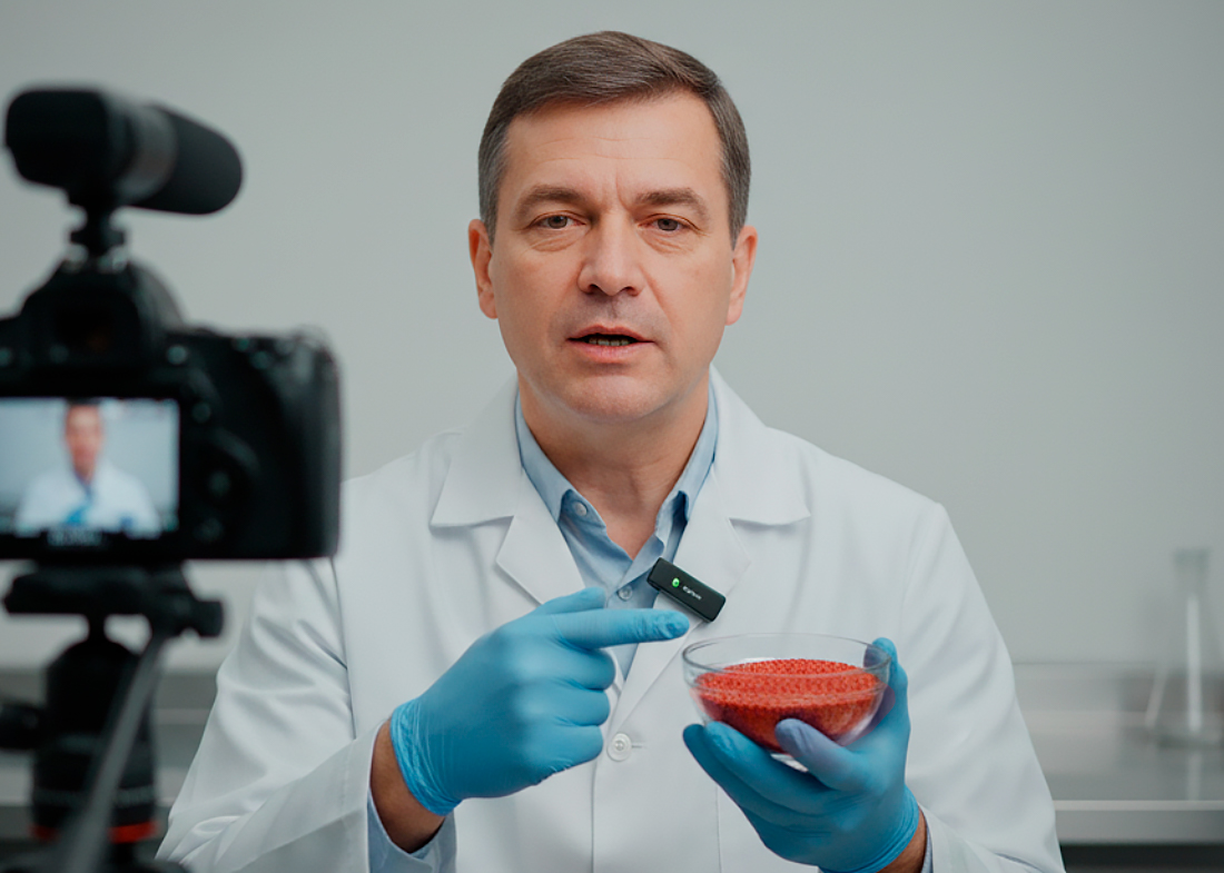 Food technologist explaining product properties on camera
