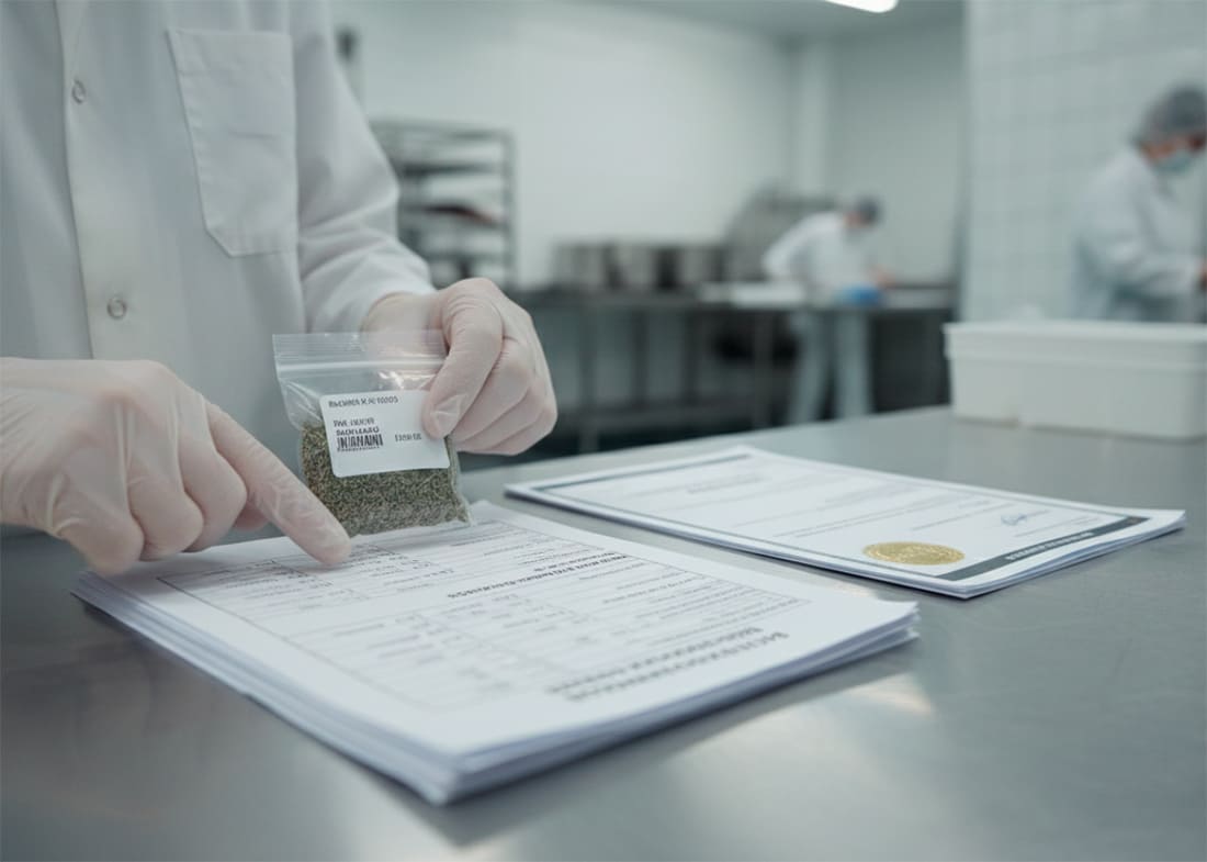 Food production specialist comparing a raw material sample with documentation