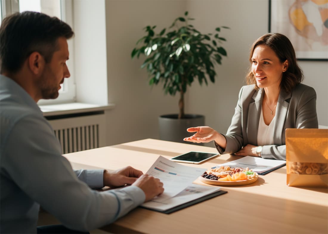 Business meeting between two professionals in an office with documents and a fruit platter