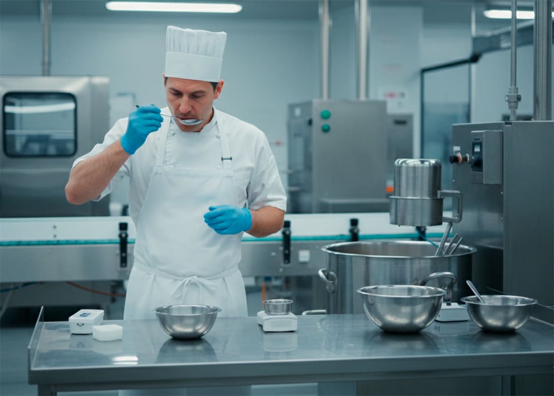 Chef tasting a product during quality control on a production line