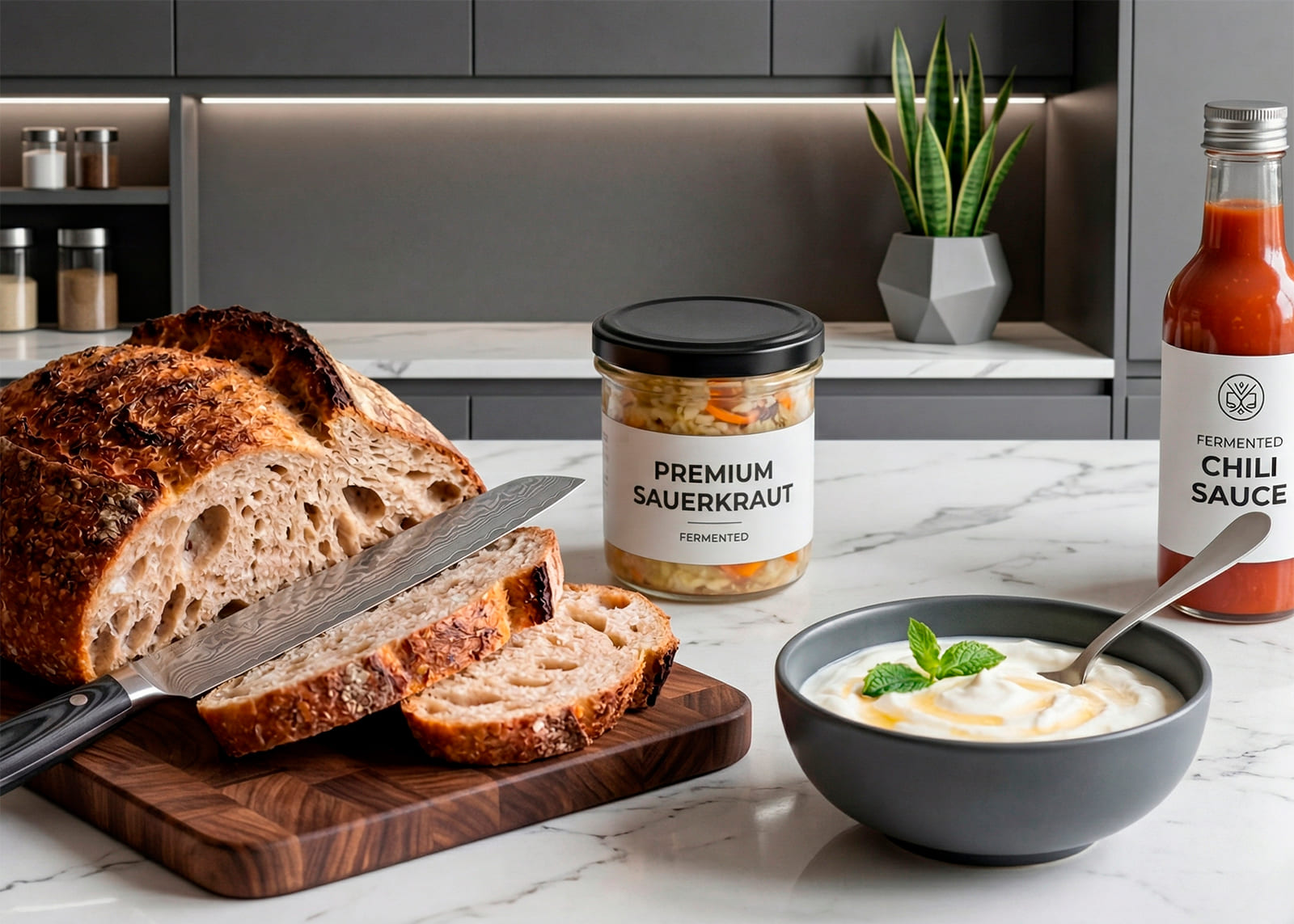 fermented bread, sauerkraut, fermented sauce